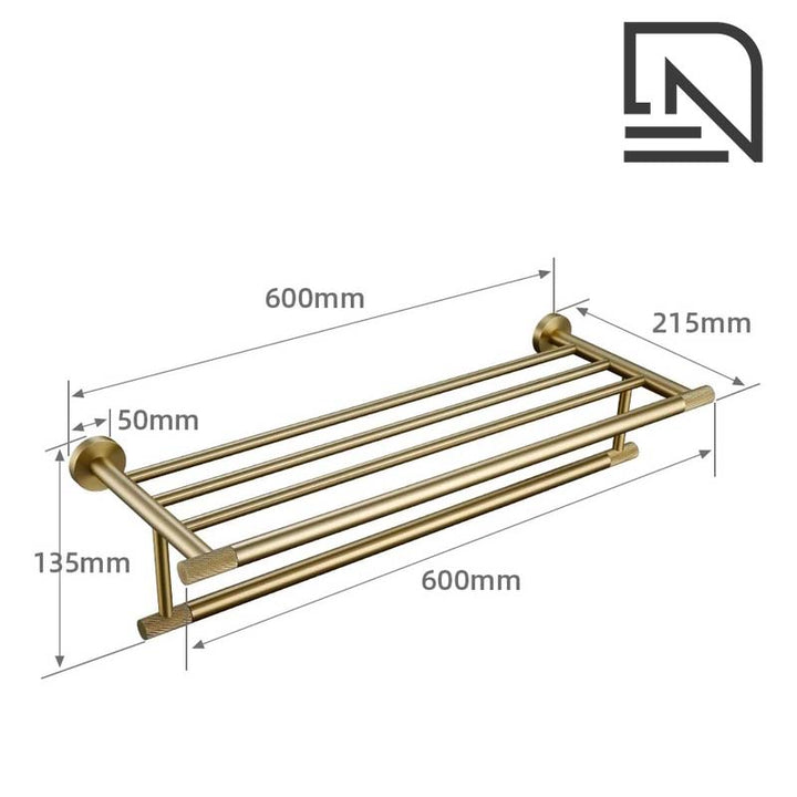 Gold towel rack with dimensions labeled on a white background