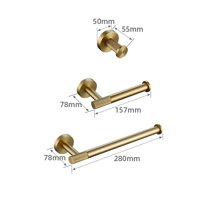 Gold bathroom fixtures with dimensions labeled on a white background
