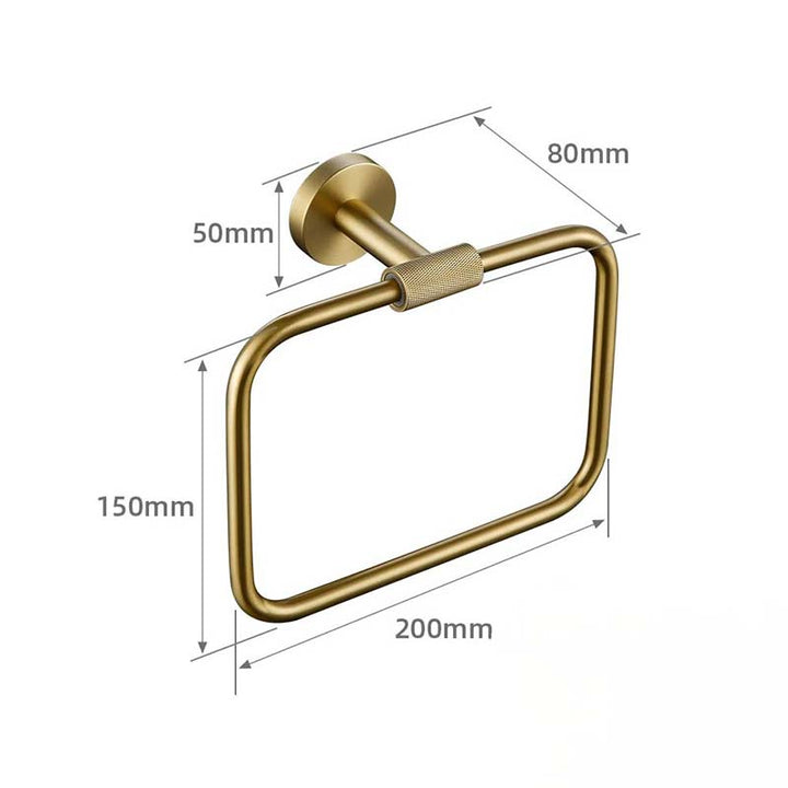 Gold towel ring with dimensions on a white background