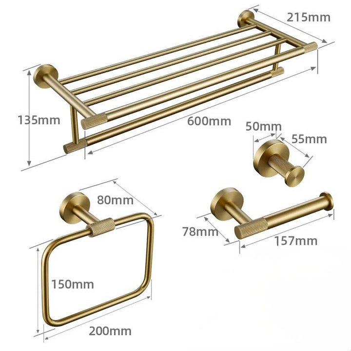 Bathroom hardware set with towel rack, hooks, and paper holder, showing measurements on a white background.