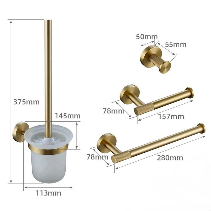 Gold bathroom hardware set with measurements on a white background