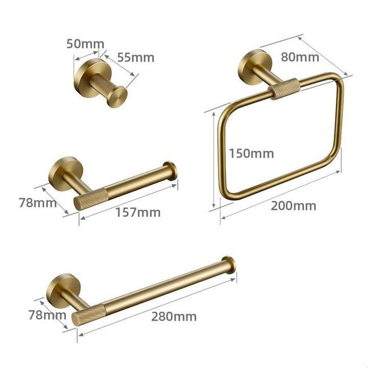 Gold bathroom hardware set with dimensions on a white background