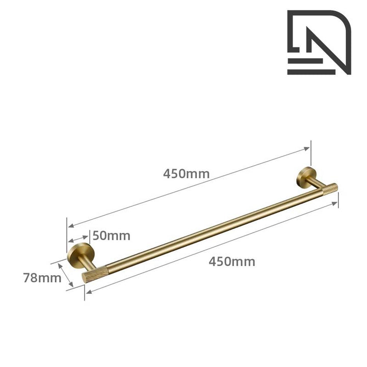 Gold towel bar with dimensions labeled on a white background