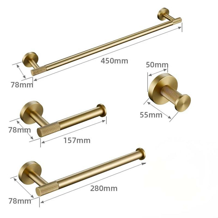 Gold bathroom hardware set with dimensions on a white background
