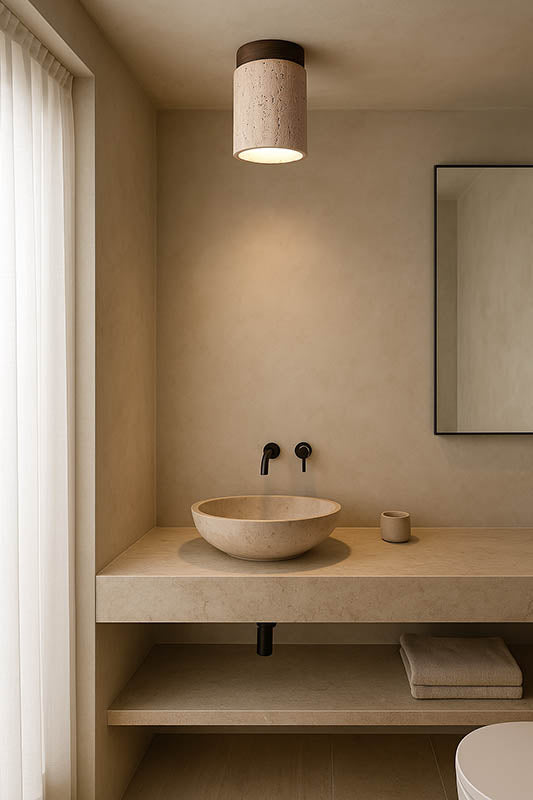 Nordic travertine ceiling light with walnut wood base in modern uk bathroom soft ambient light for cosy interiors