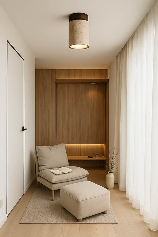 Natural travertine flush ceiling light mounted in a minimalist hallway, perfect for Japandi or Nordic homes.