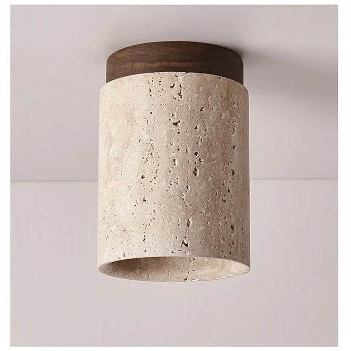 Modern travertine and walnut wood ceiling light, cylinder design, warm white glow, ideal for Nordic interiors