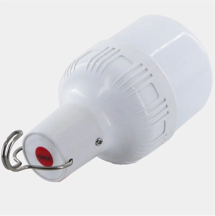 White USB rechargeable LED camping lamp with metal hook, durable portable light for outdoor use