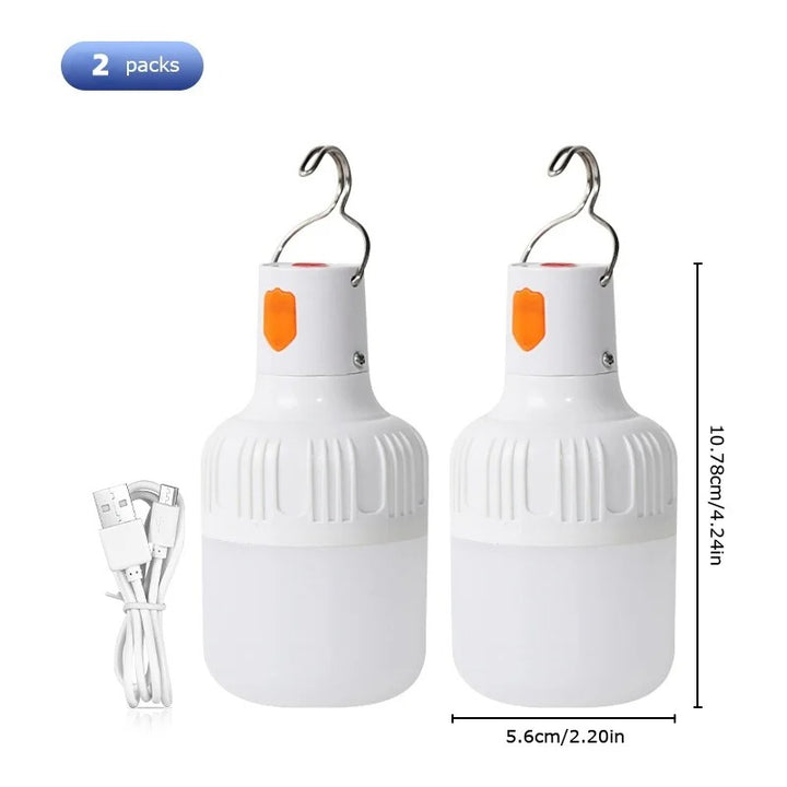 Two white USB rechargeable LED camping lamps (PP), 4.24in, with USB cable, 2-pack portable hook light for hiking