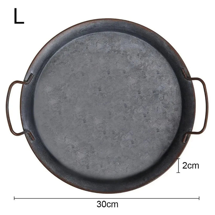Large rustic metal tray in neutral earthy tones, perfect for minimalist kitchen and dining decor.