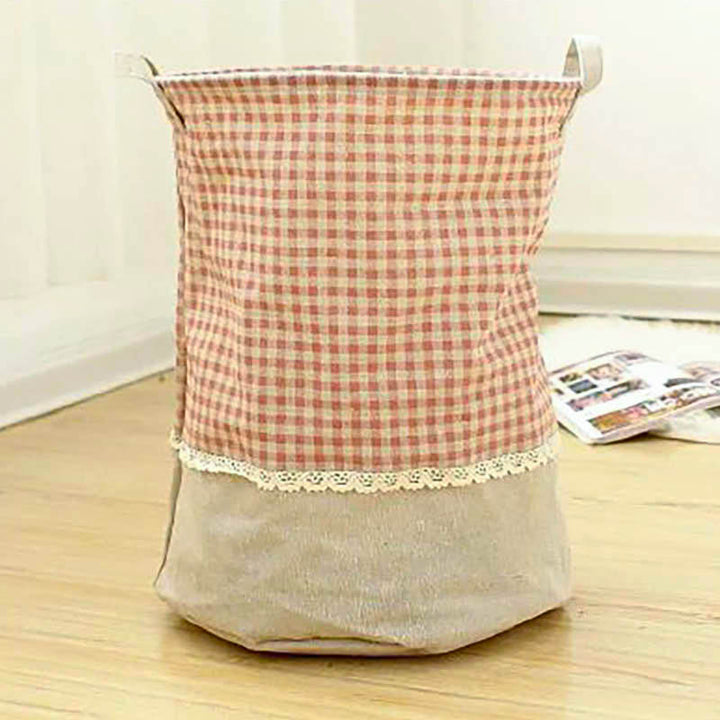 Collapsible Nordic laundry basket with handles, red checked cotton with lace detail, multi-purpose home storage solution