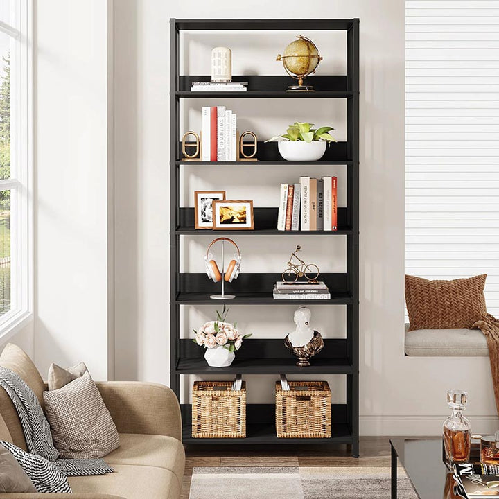 Rustic metal bookshelf in bright living room with natural light, wood-grain shelves holding books and decor.