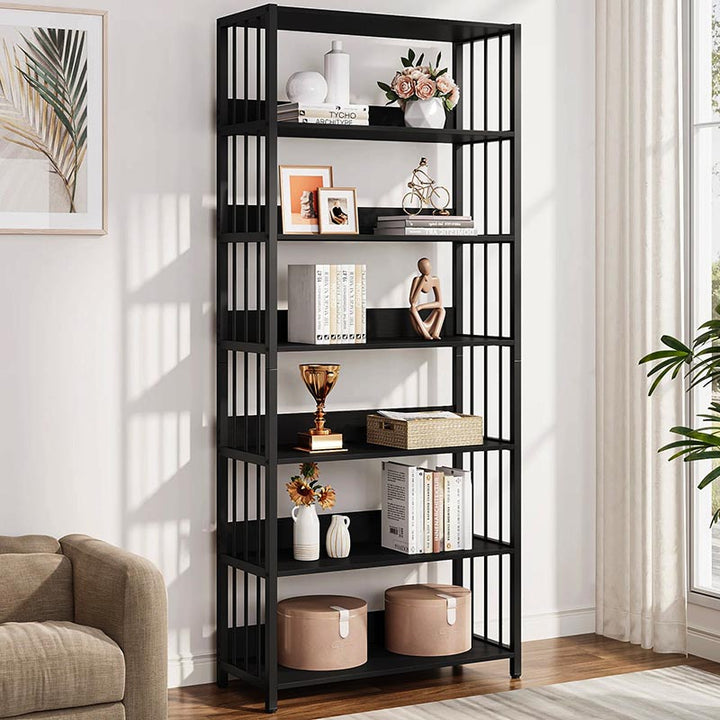 Slim rustic bookshelf styled in black with decorative items, perfect for UK Scandinavian-inspired interiors.