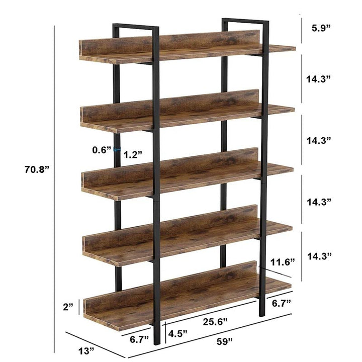 Bookshelf with five open wooden shelves and black iron frame, shown with detailed height and shelf measurements.