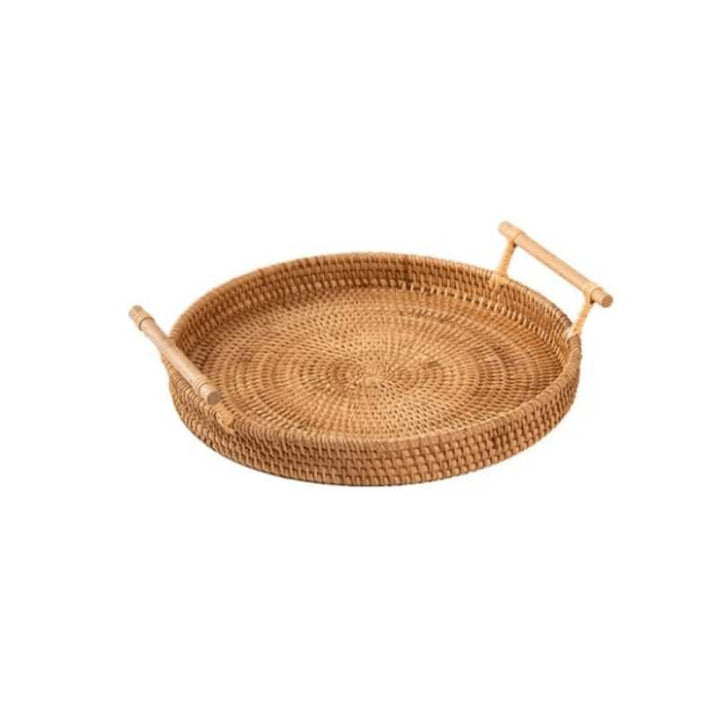 Round handcrafted rattan serving tray with wooden handles, natural wicker design for Nordic home décor