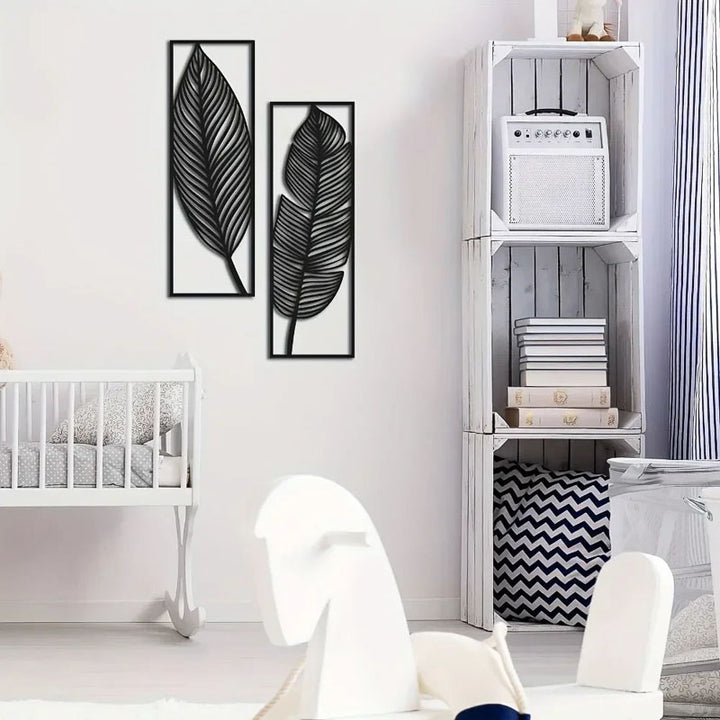 Nursery room with white crib, decorative shelves, and wall art.