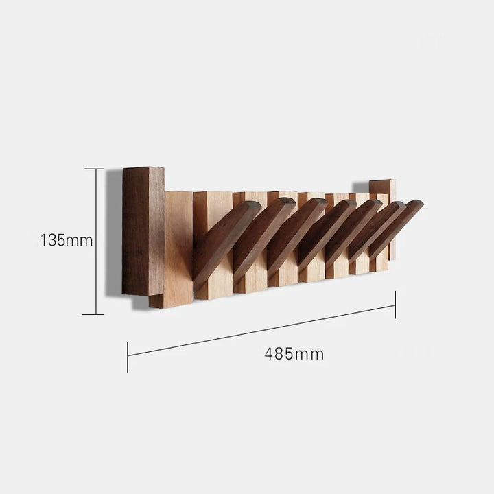 Wooden wall-mounted coat rack with dimensions on a white background