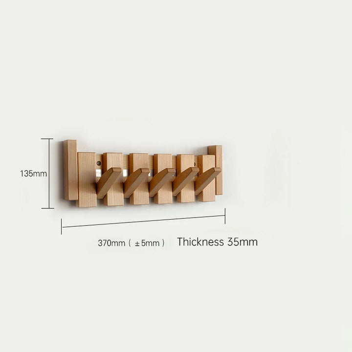 Wooden wall hook with dimensions on a white background
