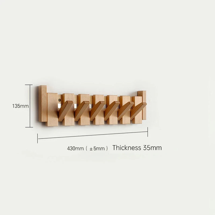 Wooden wall hook with dimensions on a white background