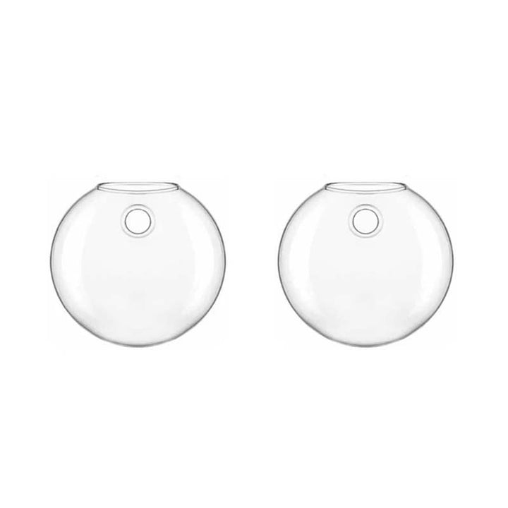 Two clear spherical vases with circular holes on a white background