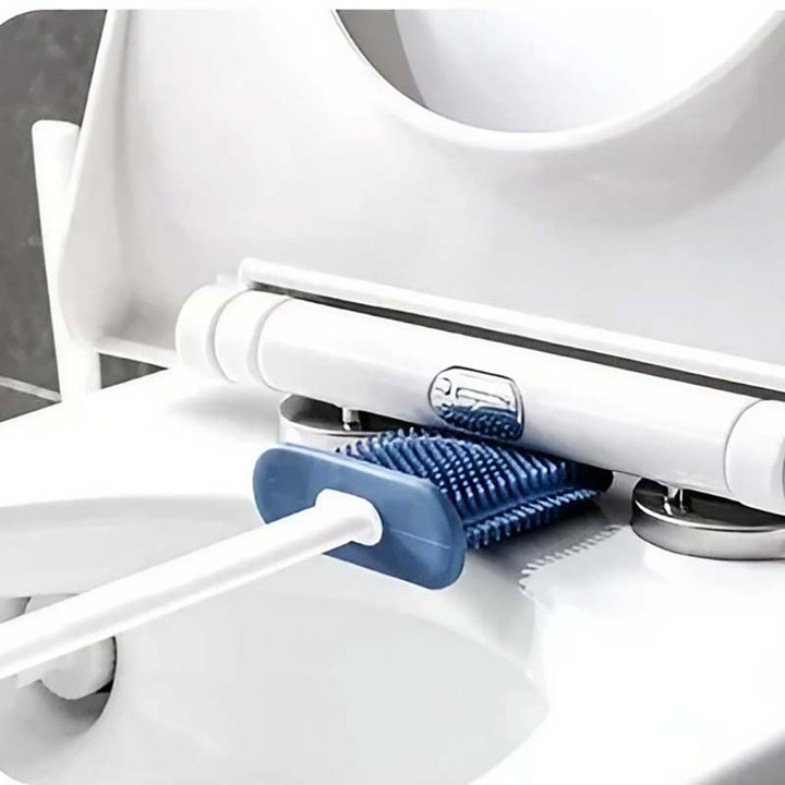 White and blue dental tool with bristles on a white background