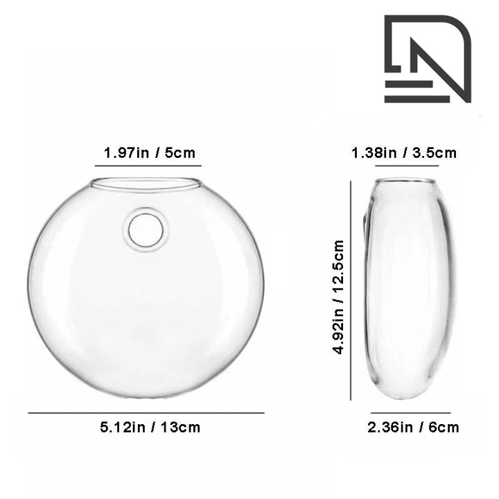 Clear glass vase with measurements on a white background