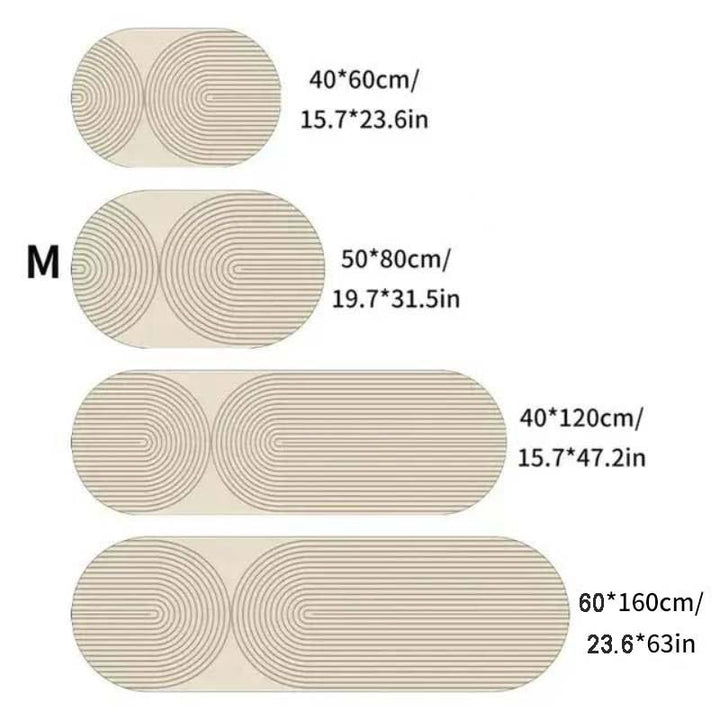 Set of oval kitchen rugs with measurements in centimeters and inches on a white background