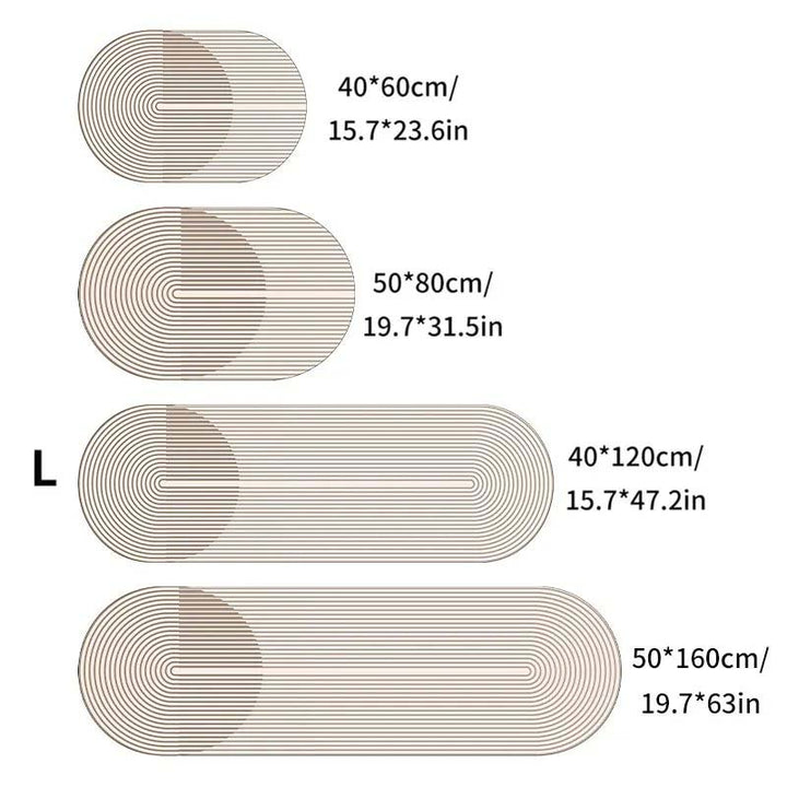 Set of oval rugs with measurements on a white background