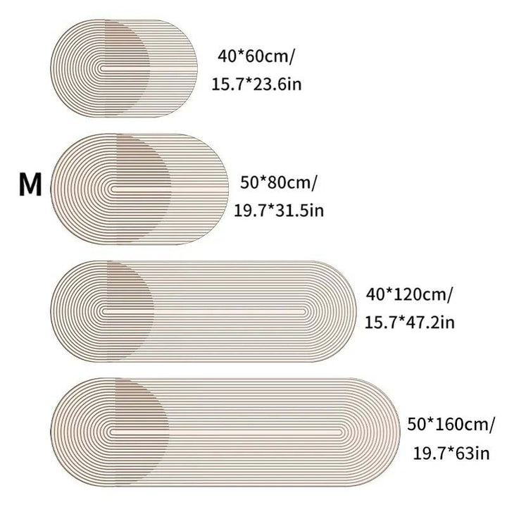 Set of oval rugs with measurements on a white background