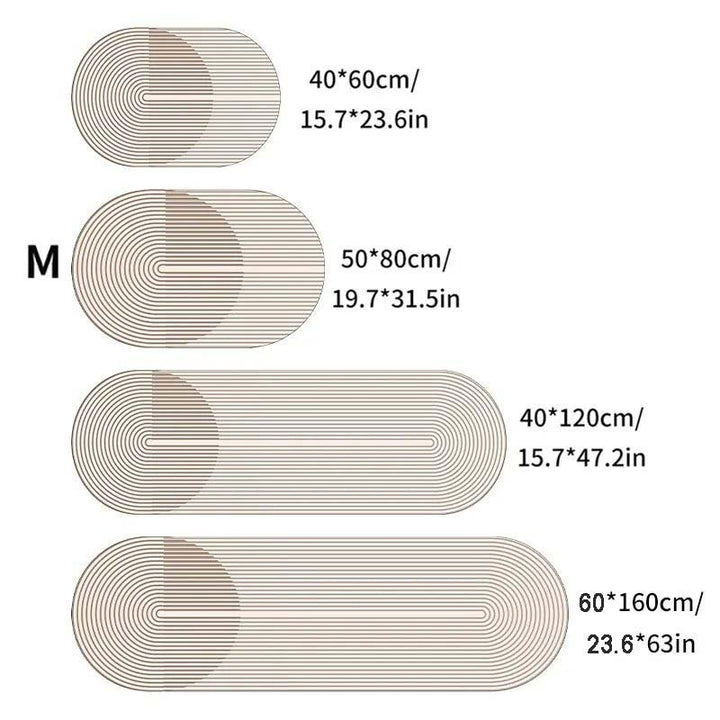 Set of oval kitchen rugs with measurements in centimeters and inches on a white background