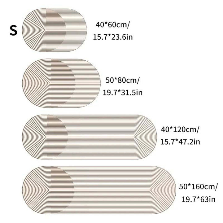 Set of oval rugs with measurements on a white background