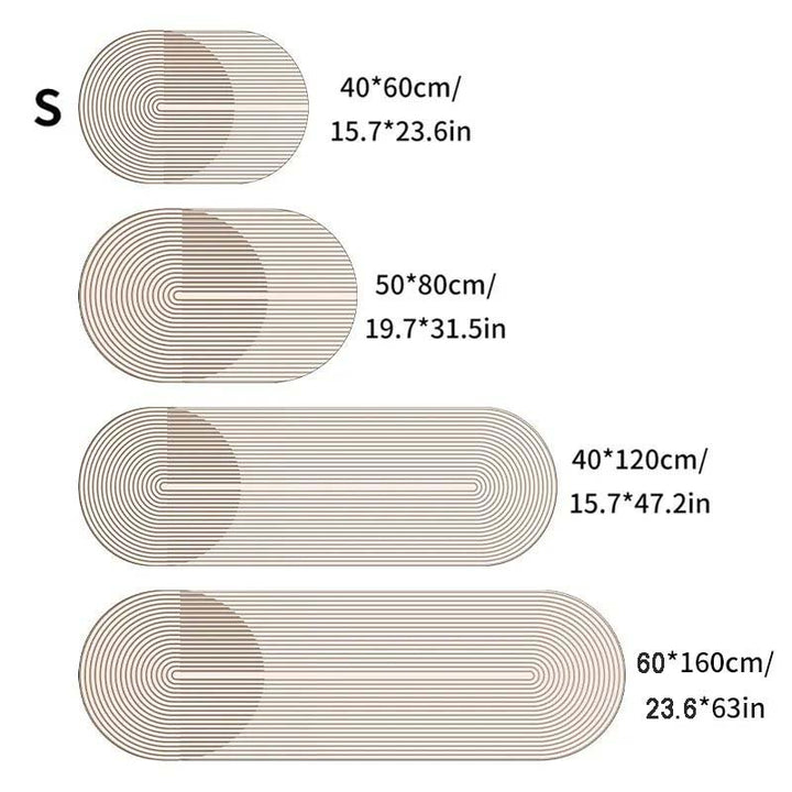 Set of oval kitchen rugs with measurements in centimeters and inches on a white background