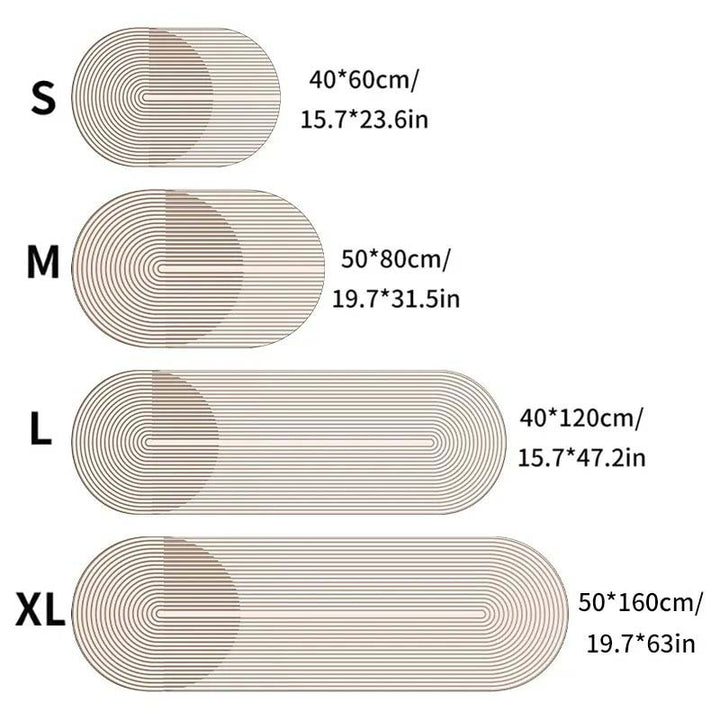 Size chart for different rug sizes with dimensions labeled.