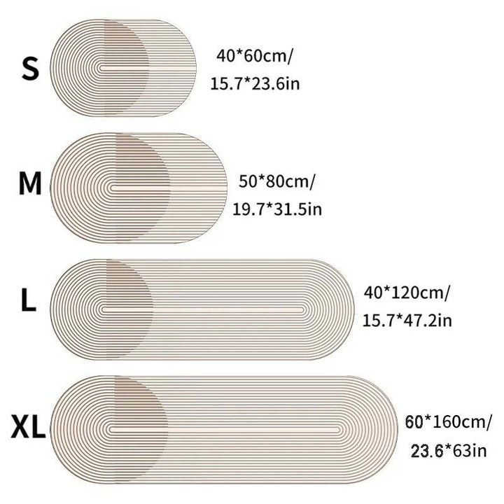 Size chart for different rug sizes with dimensions and measurements.