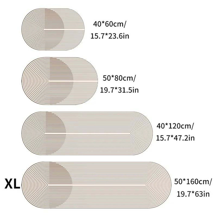 Set of oval rugs with measurements in centimeters and inches on a white background