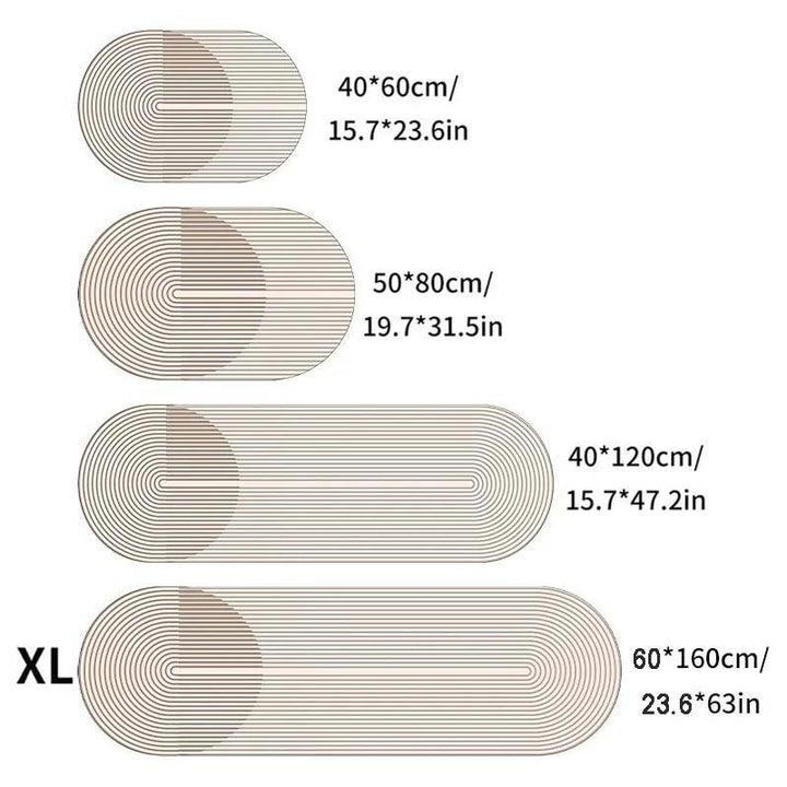 Set of oval kitchen  rugs with measurements in centimeters and inches on a white background