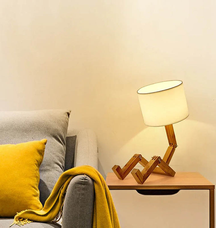 TRAEMAN wooden creative table lamp with linen shade on a side table, cozy living room decor