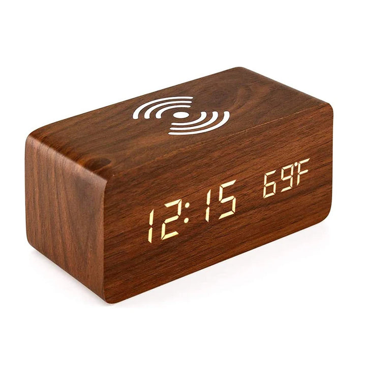 Walnut wood alarm clock with yellow LED display and wireless charging function