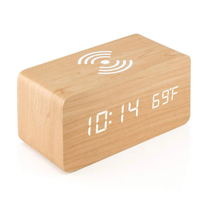 Light wood digital clock with white LED time and temperature display