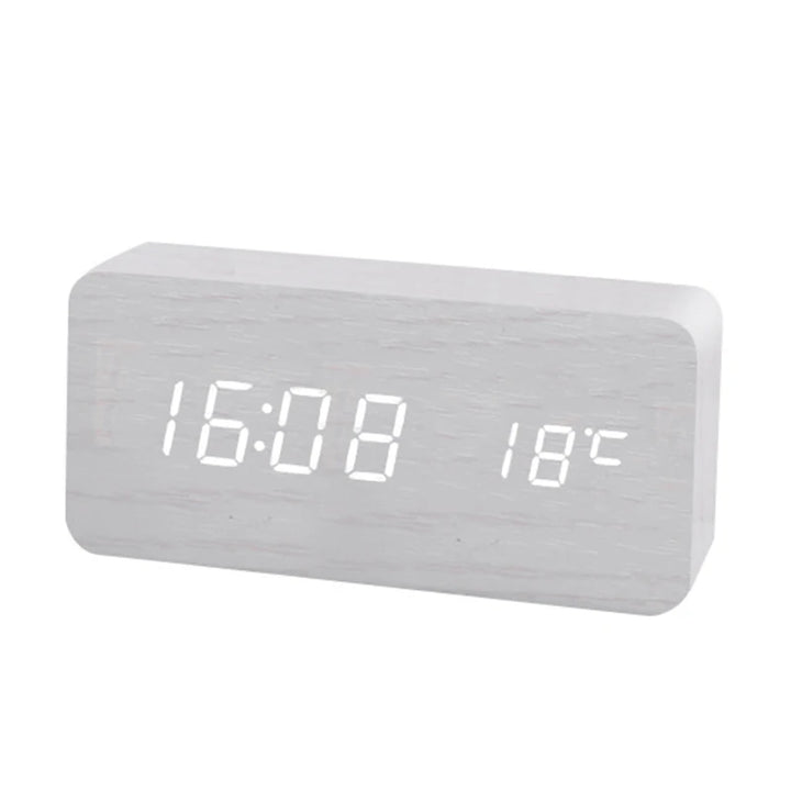 White wooden LED alarm clock with clean minimalist Scandinavian design