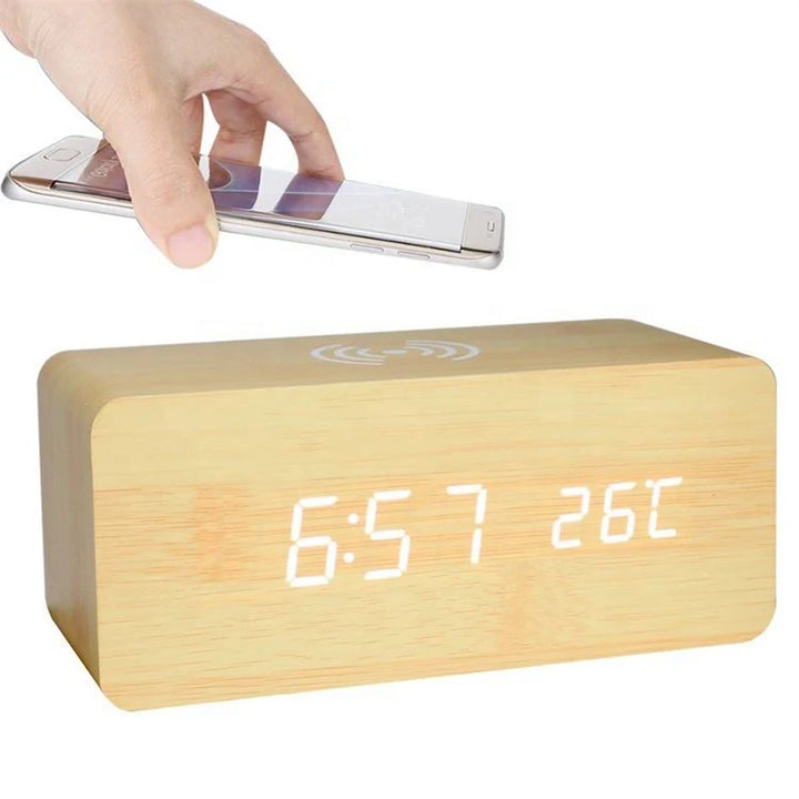 Light wood wireless charging clock with LED time and temperature display