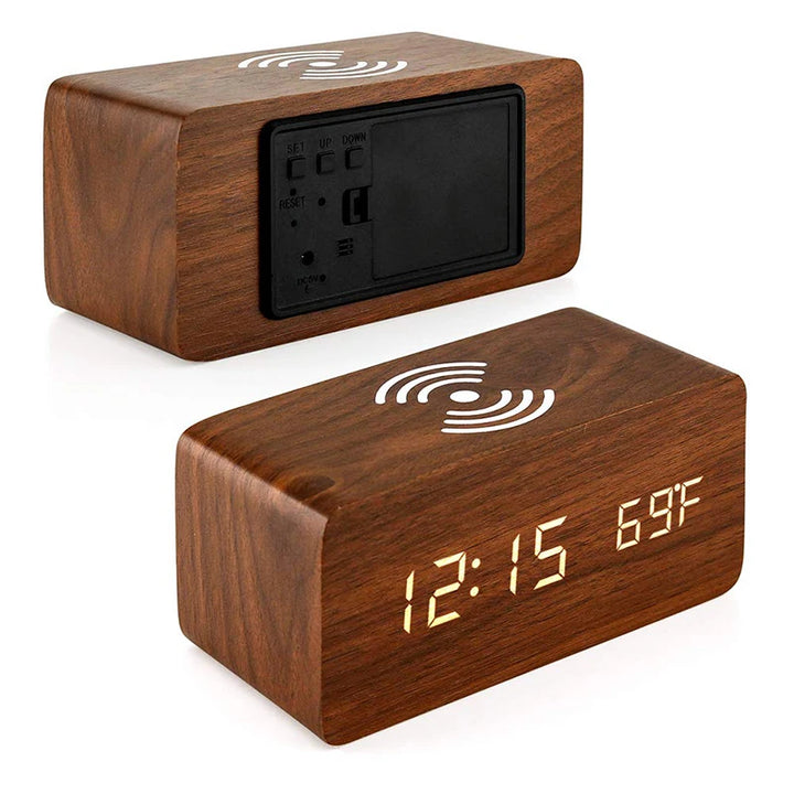 Walnut wood alarm clock front and back showing digital display and controls