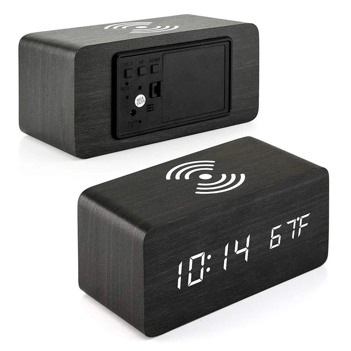 Black wooden alarm clock with LED screen and back control panel
