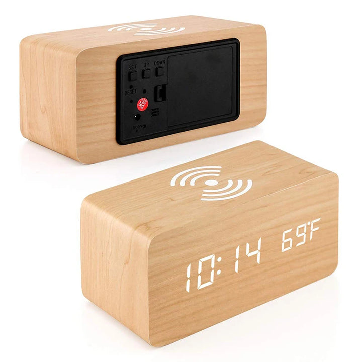 Light wooden alarm clock with LED screen and back control panel