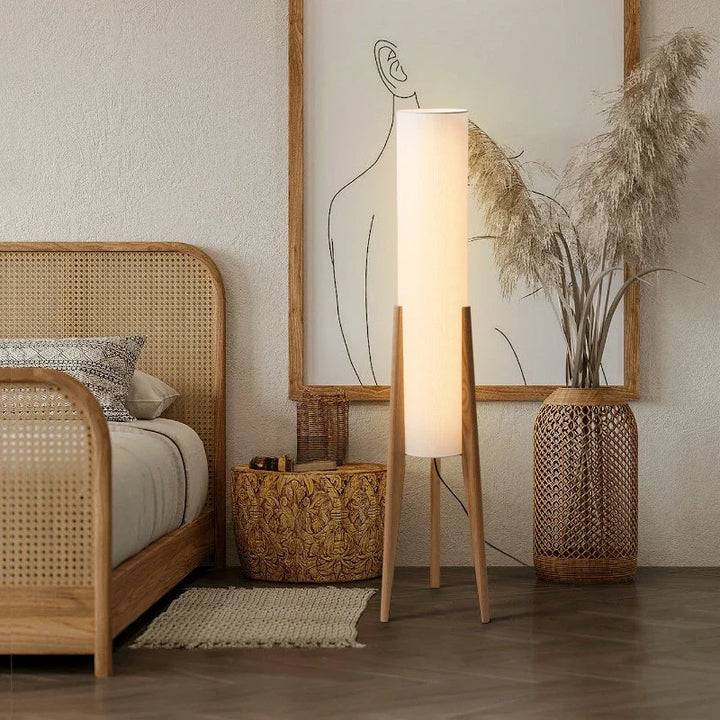 all Japanese-inspired floor lamp beside low bed, ambient lighting for cosy Japandi bedrooms.