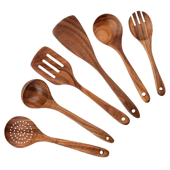 Six handmade teak kitchen utensils, including slotted spatula and soup ladle, for non-stick cookware