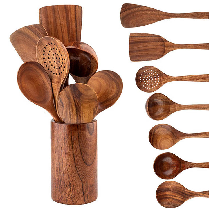 Eight-piece Scandinavian wooden utensil set on wood surface, eco-friendly tools for modern kitchens
