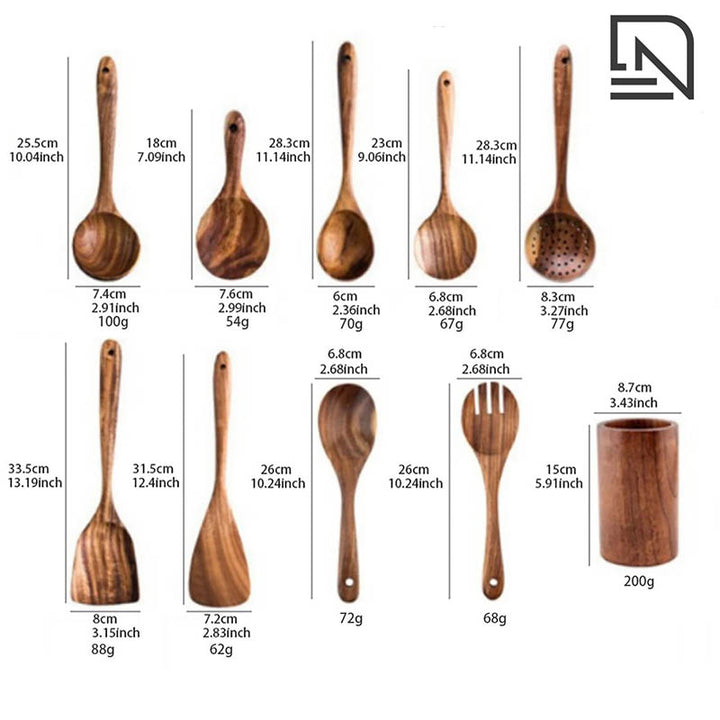 Complete wooden kitchen utensil set each piece measurement. Made of premium teak cooking spoons and spatulas