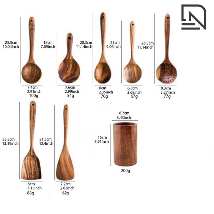 Set of wooden spoons with measurements and weights on a white background