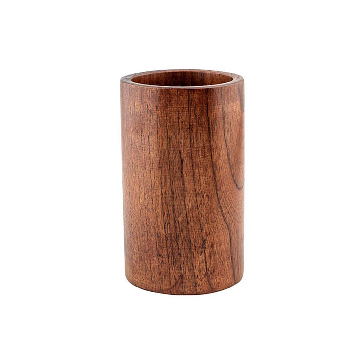 Minimalist teak wood utensil holder, smooth cylindrical design for storing kitchen spoons and spatulas